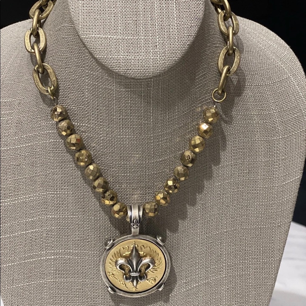 French Kande Golden Druzy with Lourdes Chain and Cnard Fleur Stack Medallion